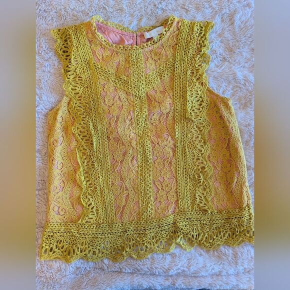 Eri & Ali Tops - Sleeveless Lace Overlay Blouse‎ in Yellow with Pink Lining